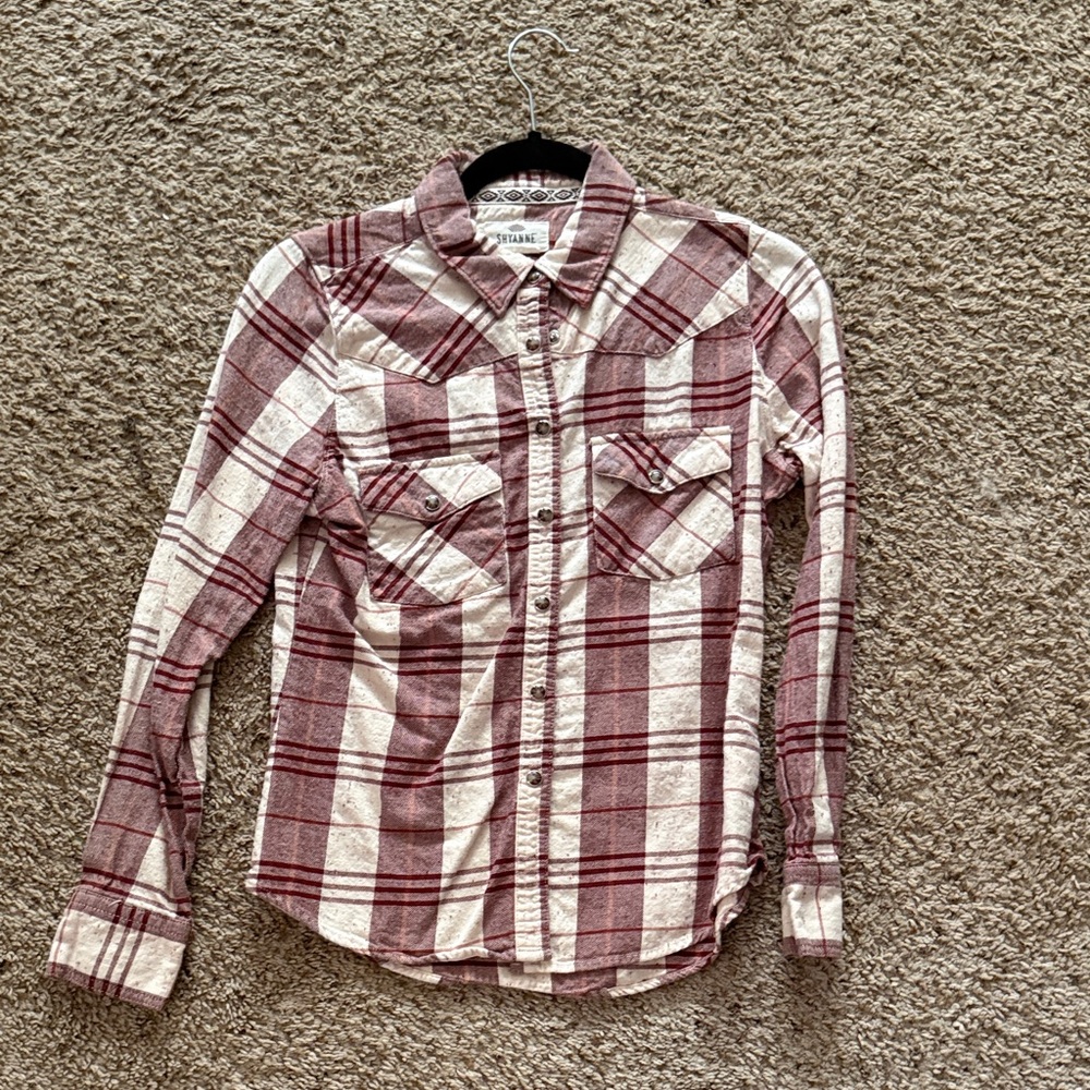 Shyanne women’s button up Burgundy and Cream Plaid Shirt